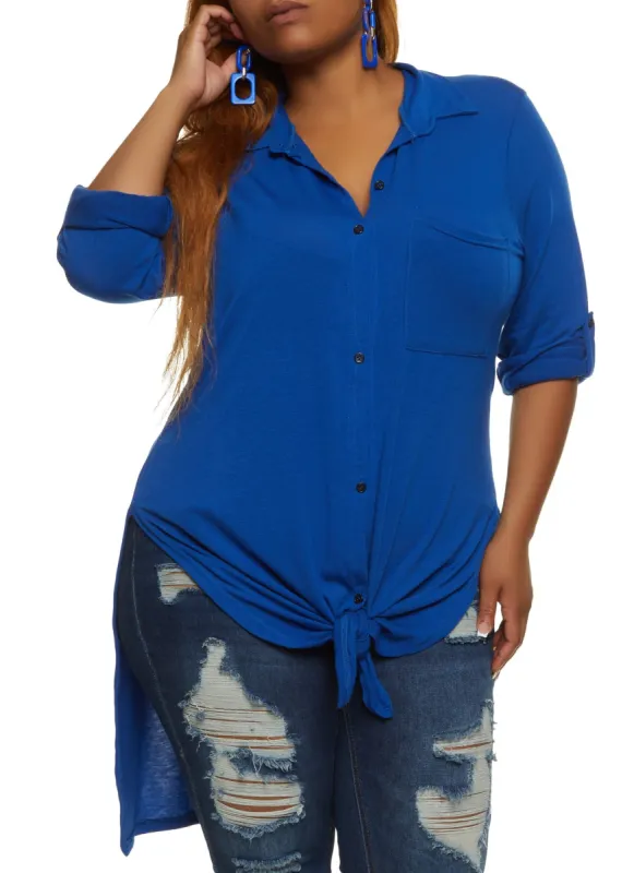Plus Size Tie Front High Low Shirt sold by Rainbow
