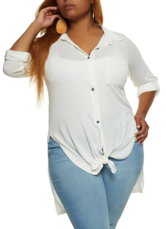 Plus Size Tie Front High Low Shirt sold by Rainbow