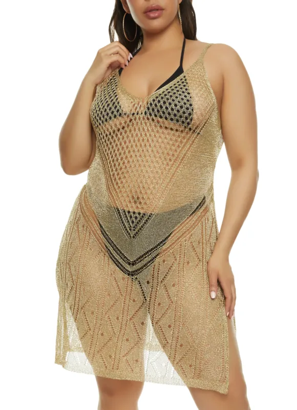Plus Size Lurex Fishnet Detail Swim Cover Up Dress sold by Rainbow