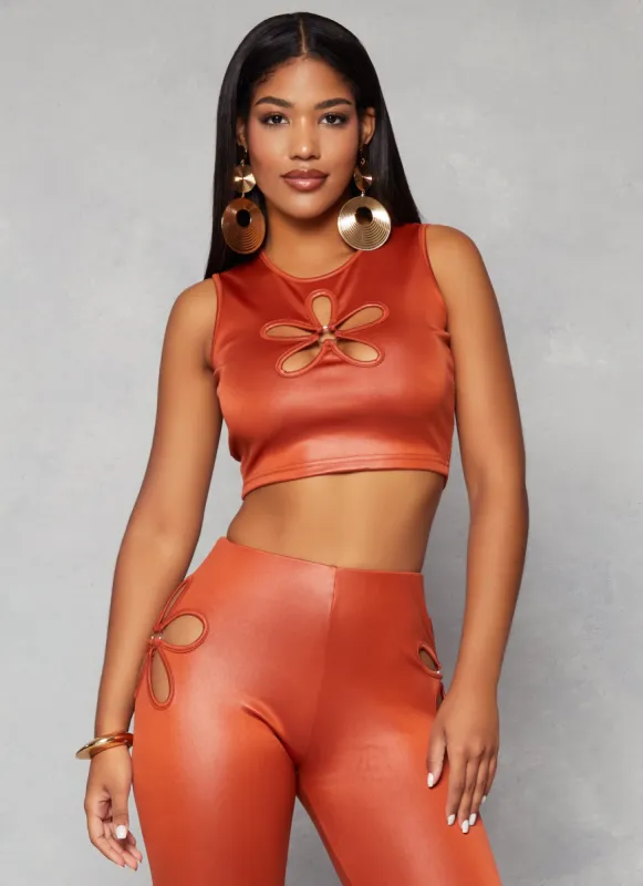 Leather Look Flower Keyhole Crop Top sold by Rainbow