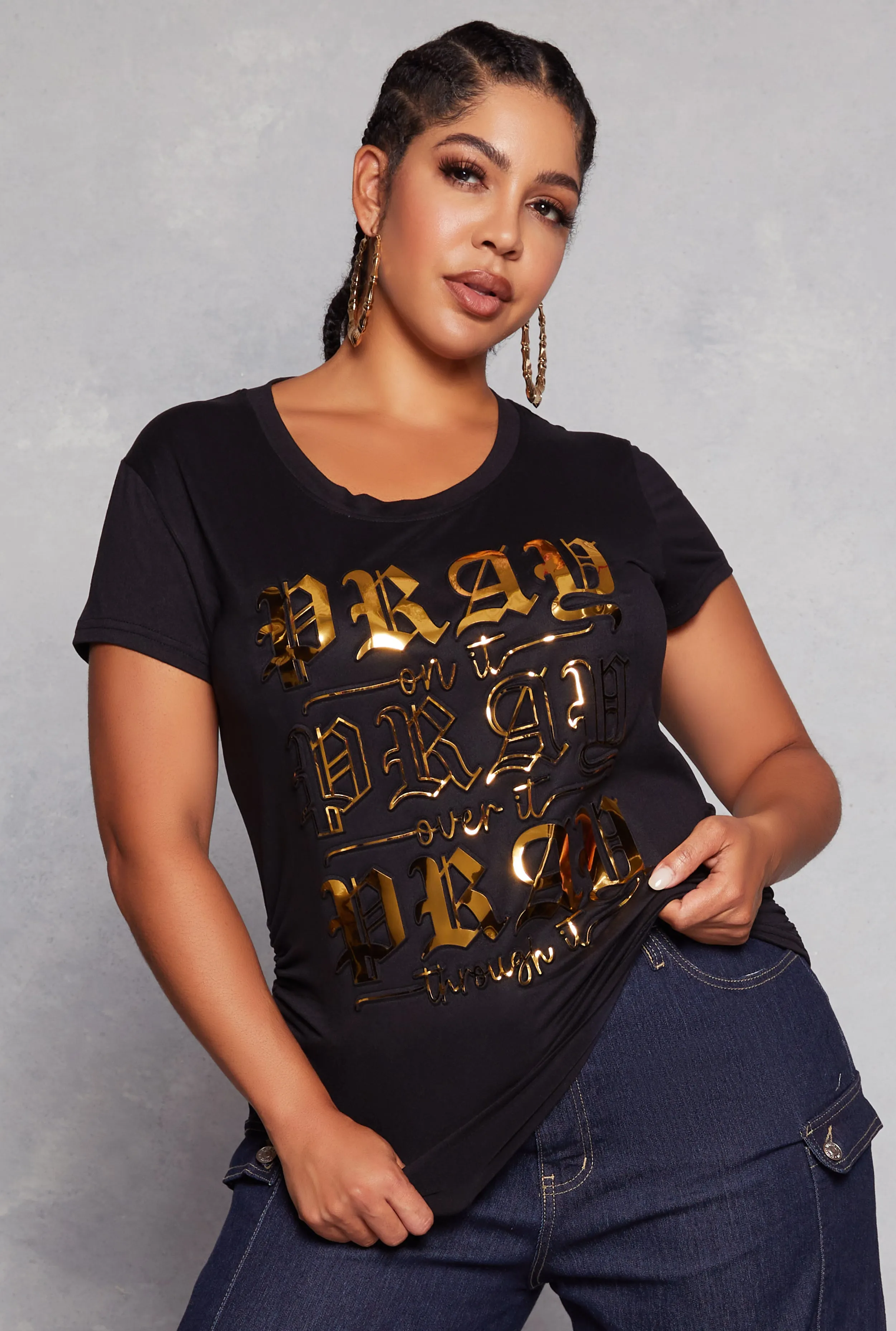 Plus Size Pray Foil Screen Embossed Graphic Tee sold by Rainbow