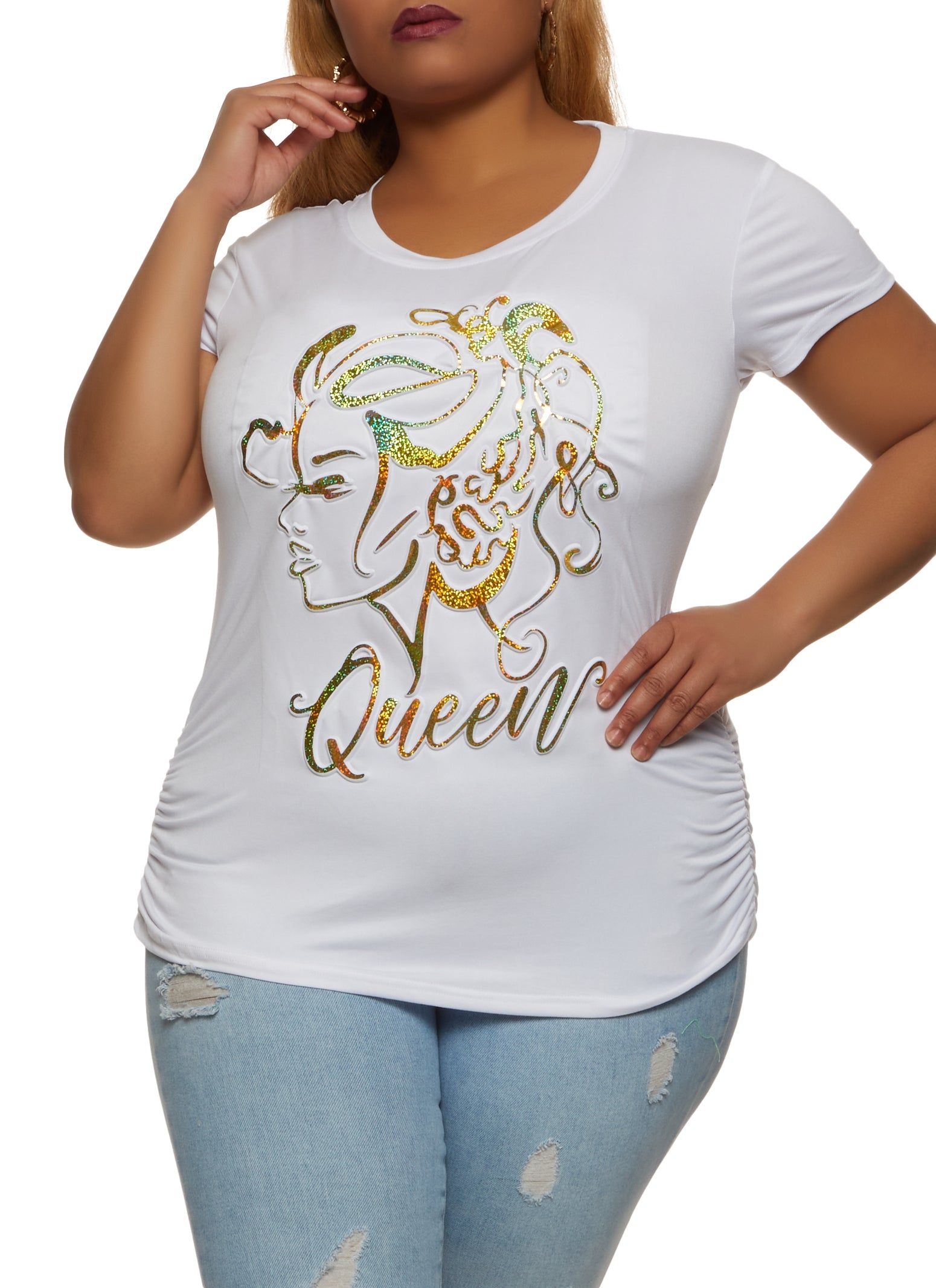 Plus Size Embossed Foil Screen Queen Graphic Tee sold by Rainbow