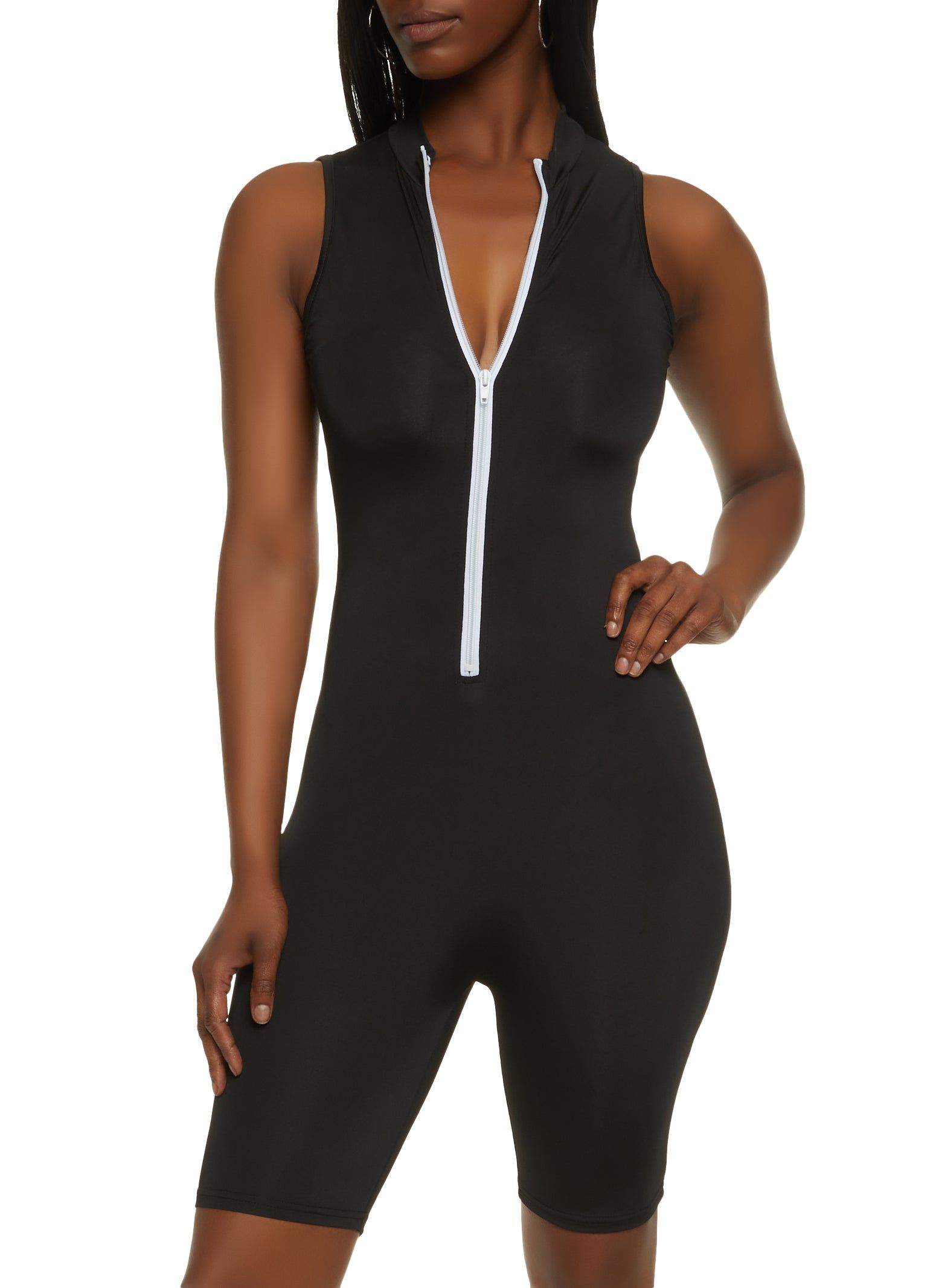 Zip Front Mock Neck Biker Romper sold by Rainbow