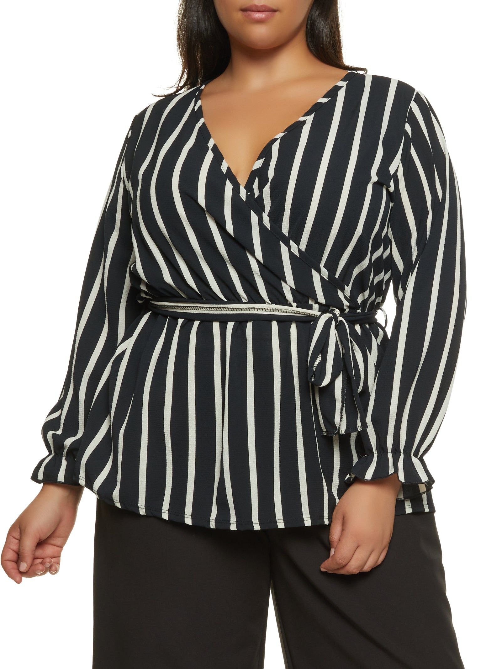 Plus Size Striped Tie Waist Belted Wrap Top sold by Rainbow