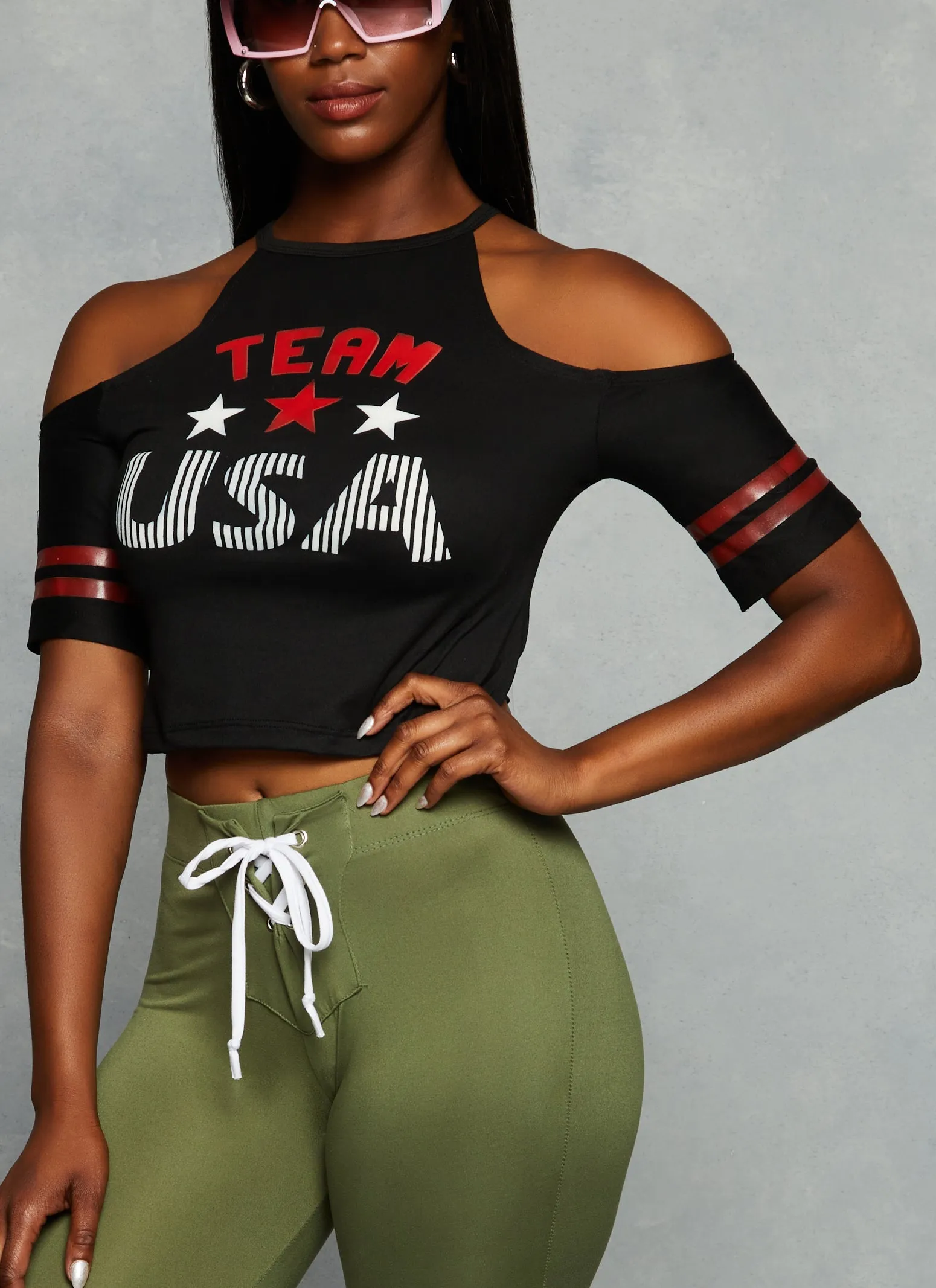 Team USA Cold Shoulder Crop Top sold by Rainbow