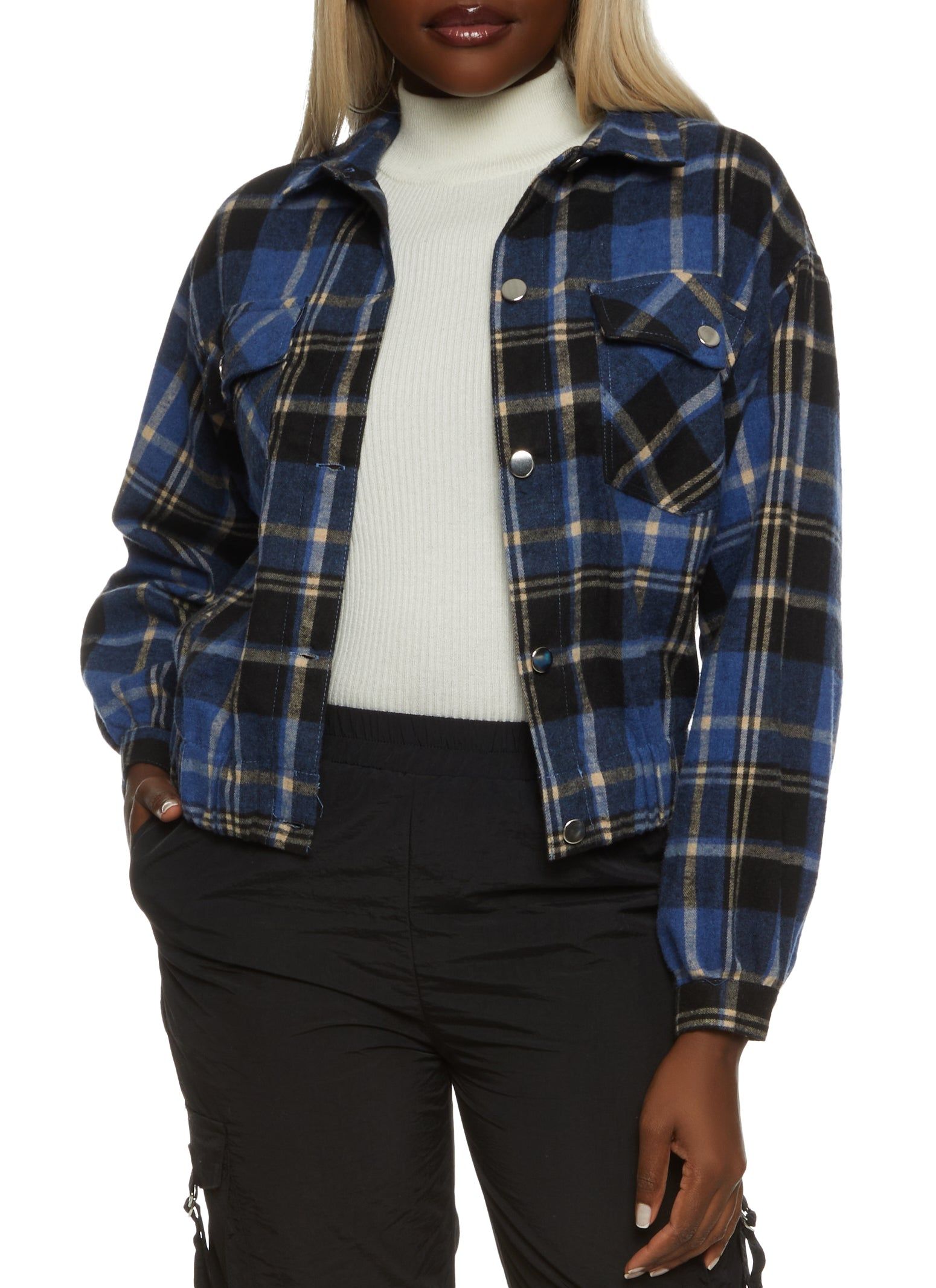 Plaid Button Front Pocket Detail Shacket sold by Rainbow