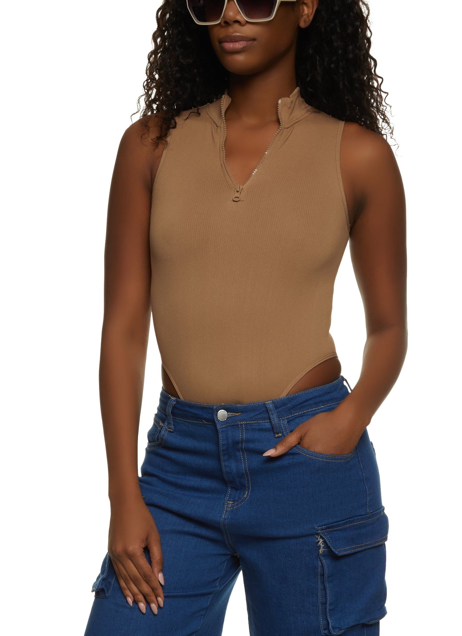 Ribbed Zip Neck Sleeveless High Cut Bodysuit sold by Rainbow