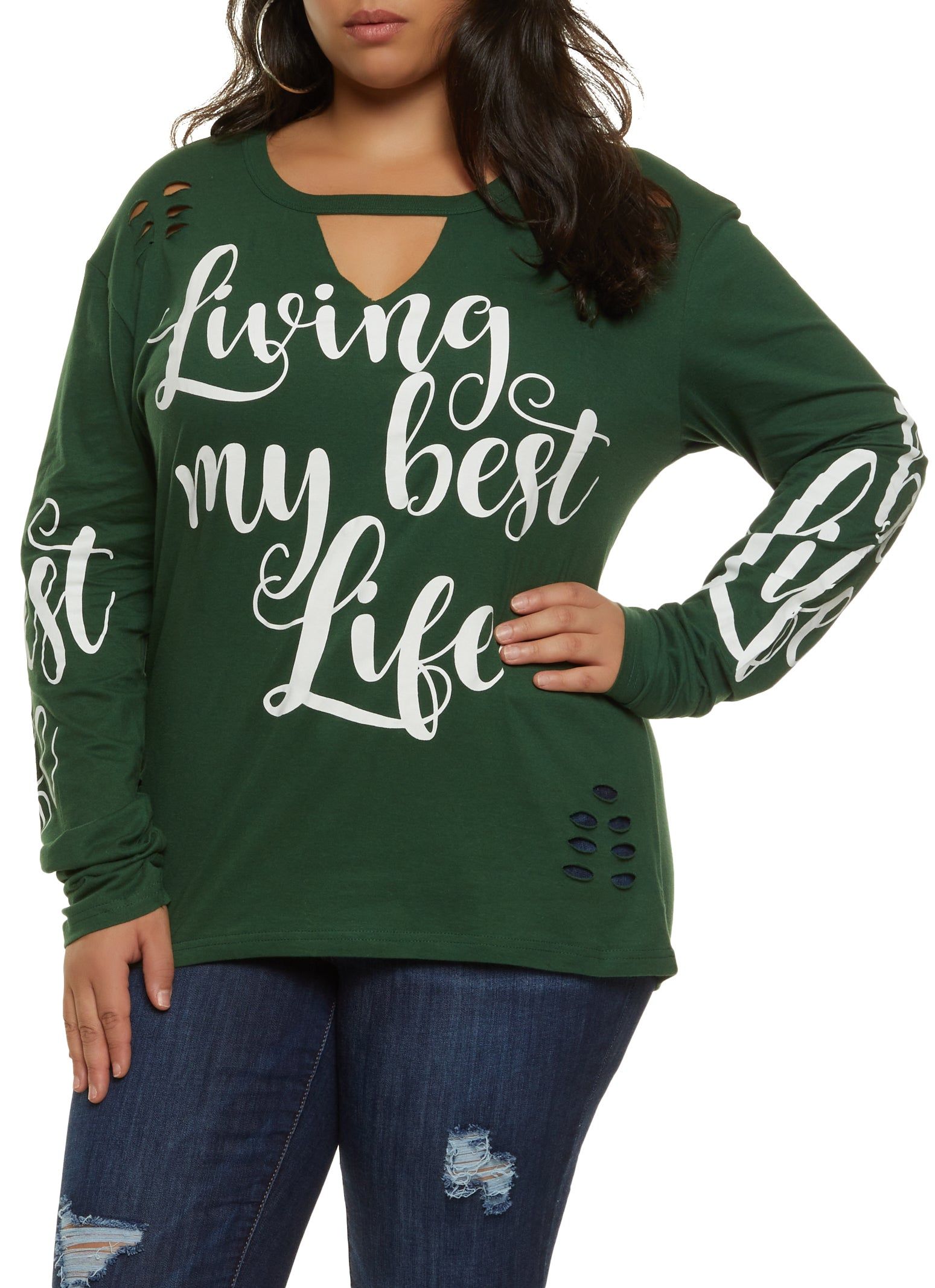 Plus Size Keyhole Living My Best Life Graphic Tee sold by Rainbow