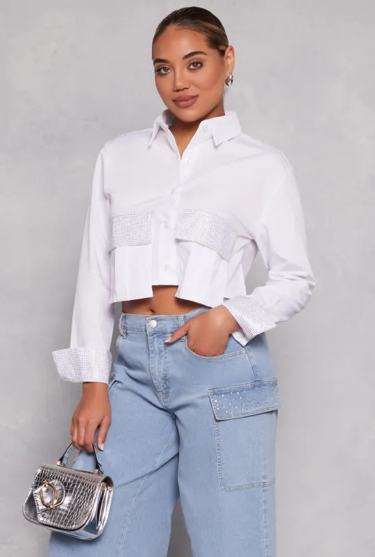 Rhinestone Trim Button Front Cropped Shirt sold by Rainbow