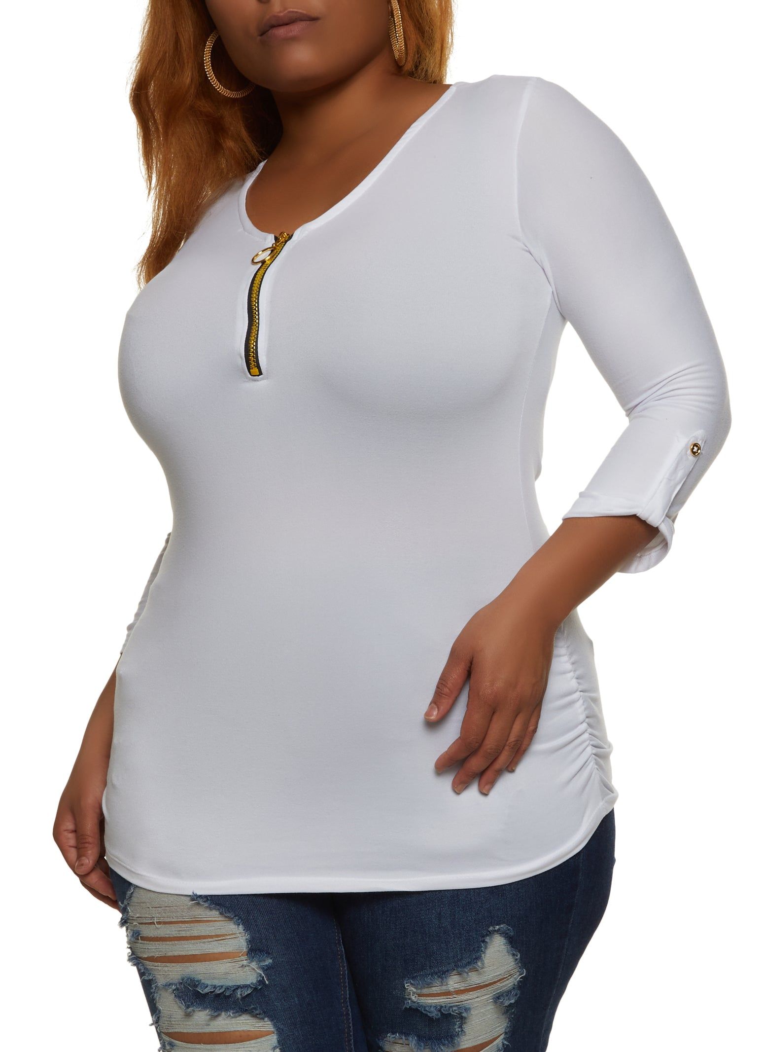 Plus Size Zipper Detail Ruched Side Shirt sold by Rainbow