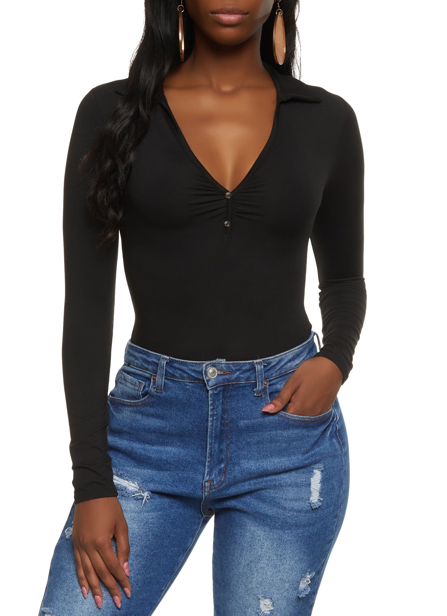 Faux Button Ruched Front Collar Bodysuit sold by Rainbow product image thumbnail 2