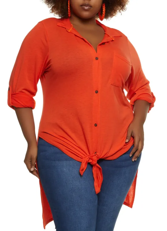 Plus Size Tie Front High Low Shirt sold by Rainbow