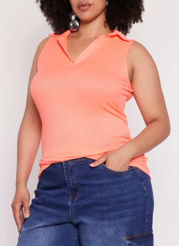 Plus Size Sleeveless Rib Knit Collared Top sold by Rainbow