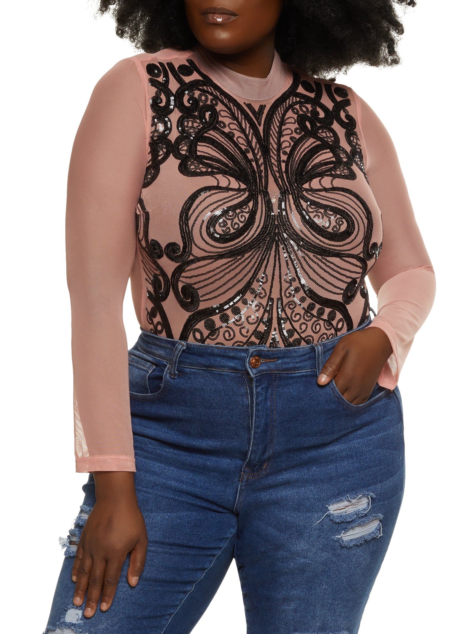 Plus Size Butterfly Sequin Mesh Long Sleeve Bodysuit sold by Rainbow product image thumbnail 2