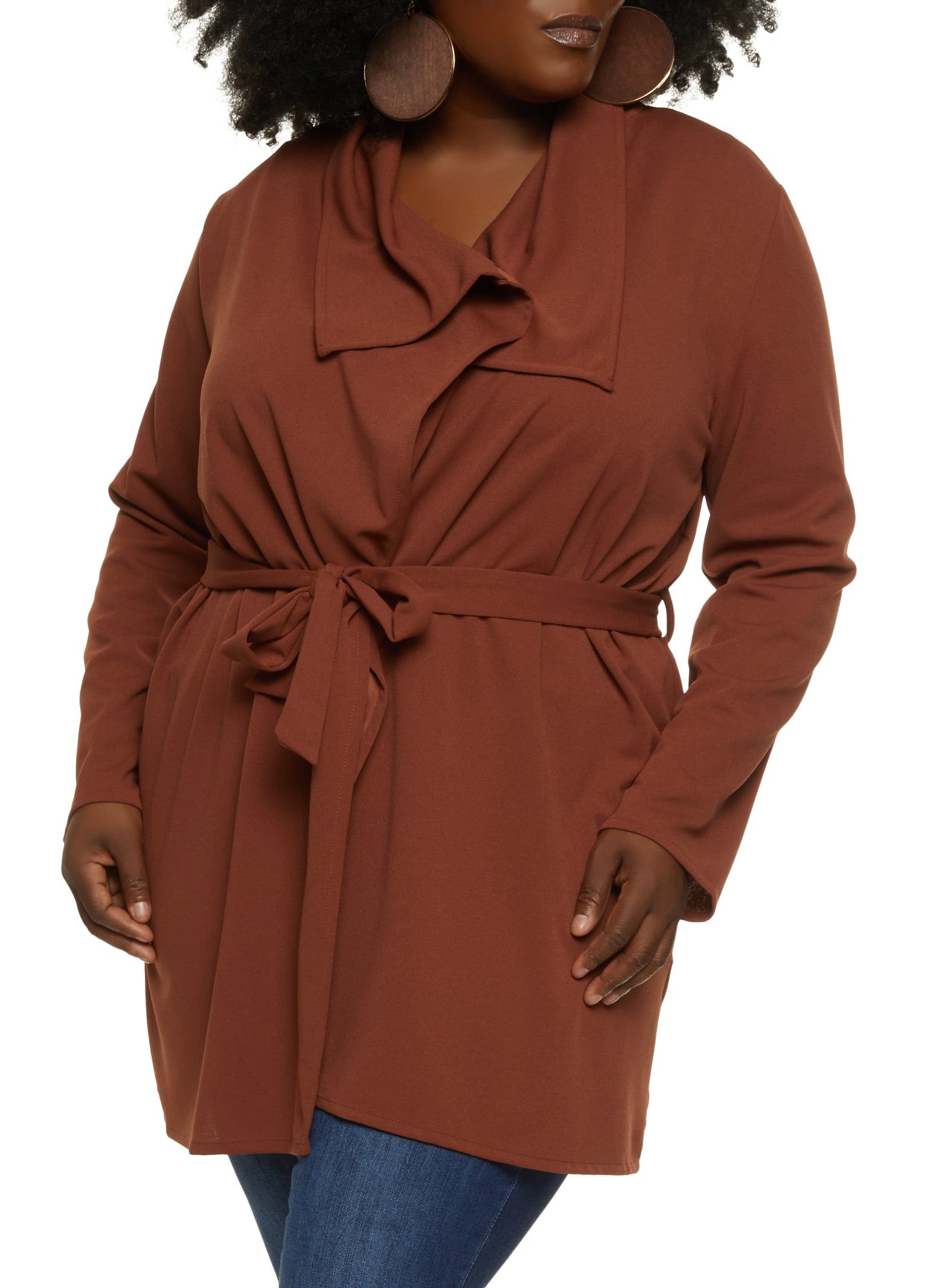 Plus Size Crepe Knit Draped Collar Wrap Coat sold by Rainbow