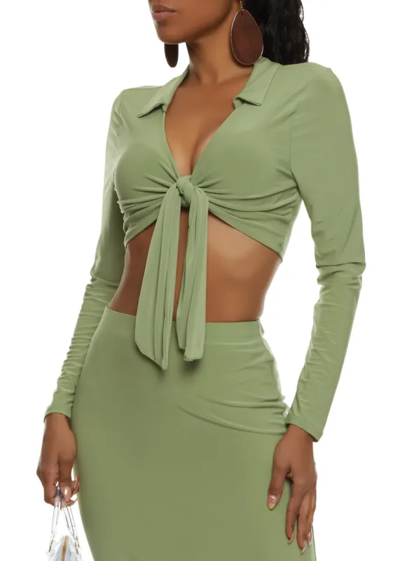 Long Sleeve Tie Front Cropped Blouse sold by Rainbow
