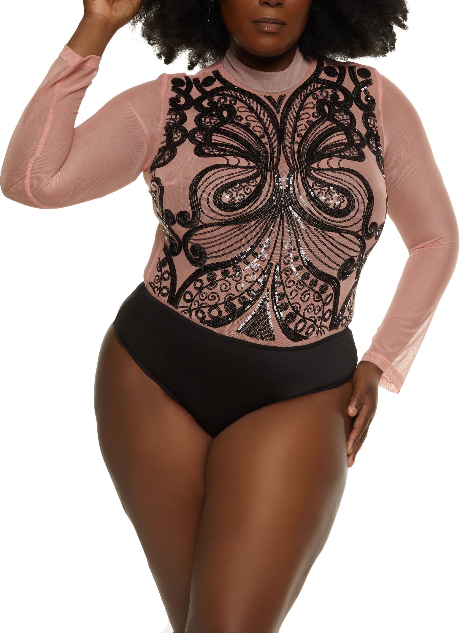 Plus Size Butterfly Sequin Mesh Long Sleeve Bodysuit sold by Rainbow