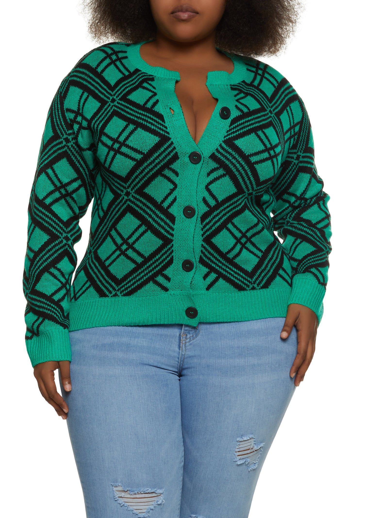 Plus Size Geo Print Button Front Cardigan sold by Rainbow
