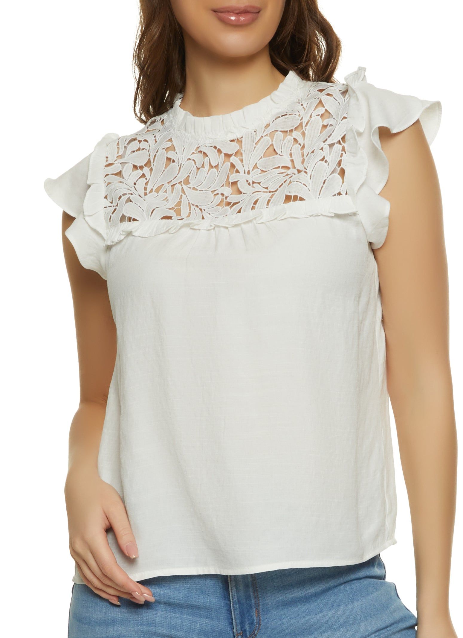 Crochet Detail Ruffle Trim Blouse sold by Rainbow