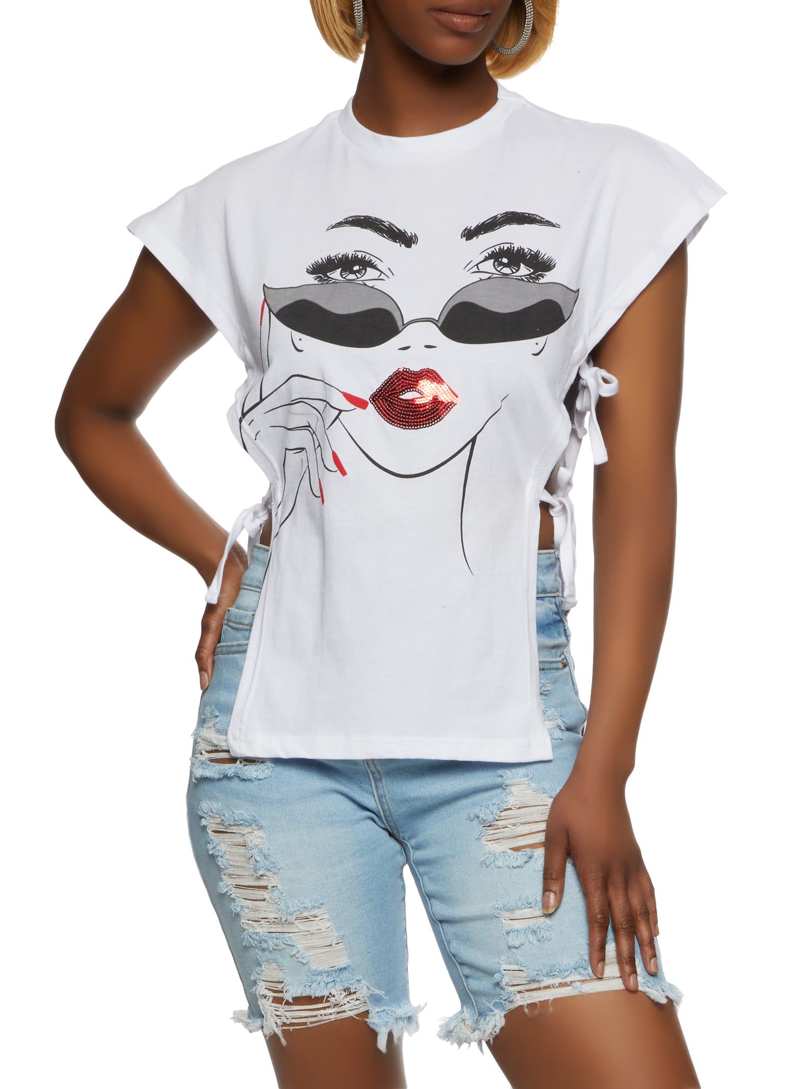 Open Tie Side Sequin Lips Graphic Top sold by Rainbow
