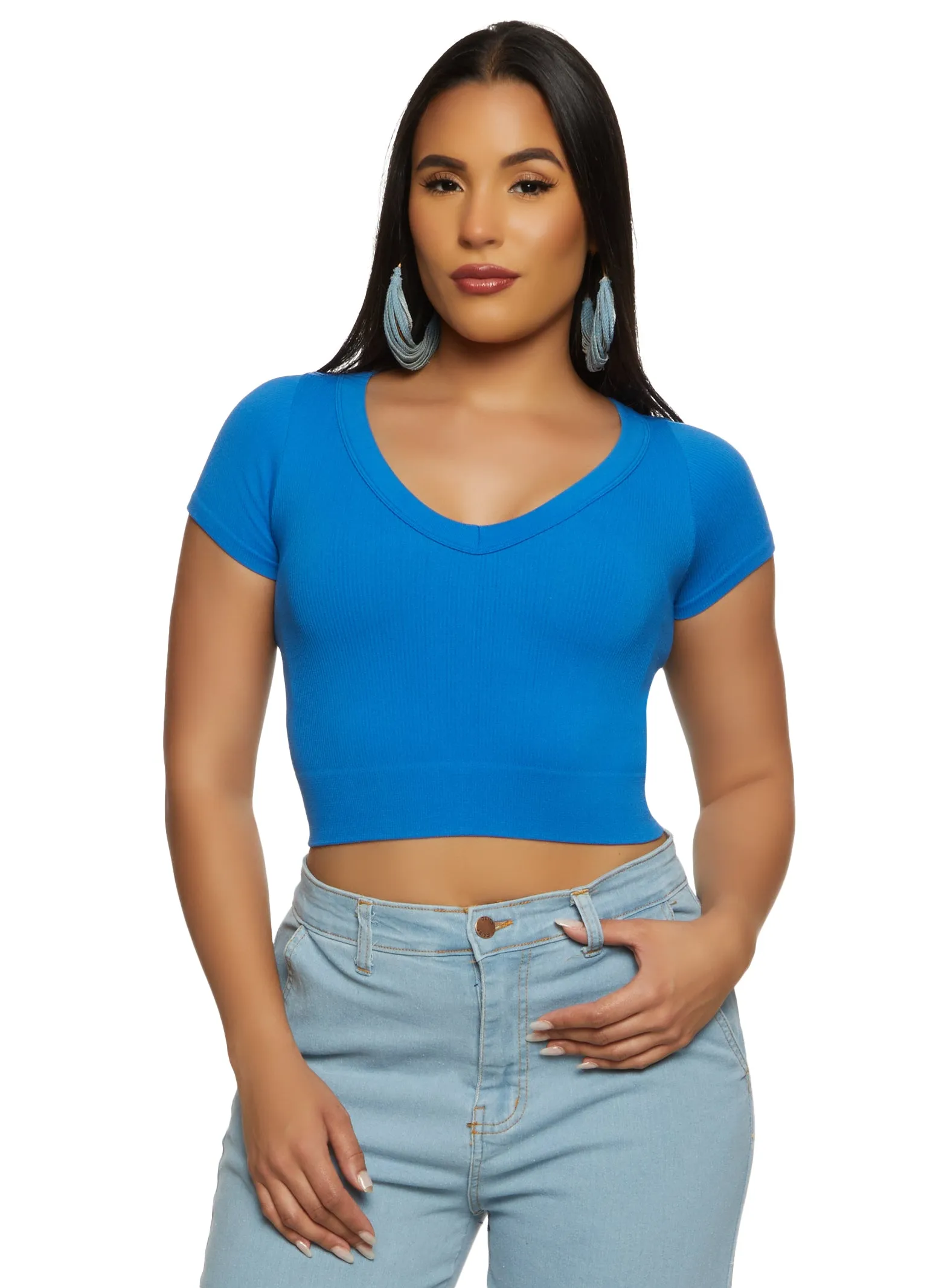 Seamless Ribbed V Neck Cropped Tee sold by Rainbow