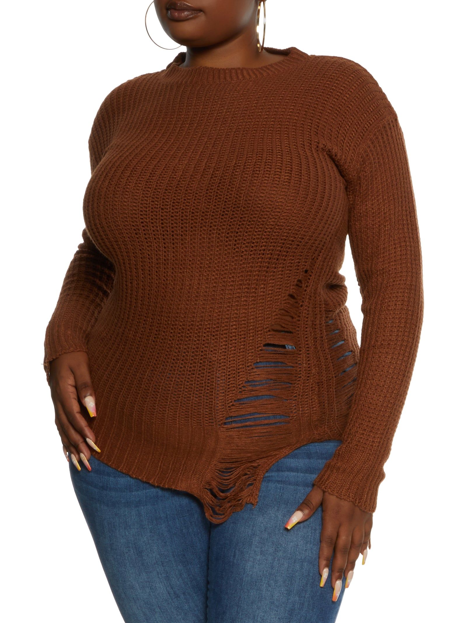 Plus Size Distressed Knit High Low Sweater sold by Rainbow