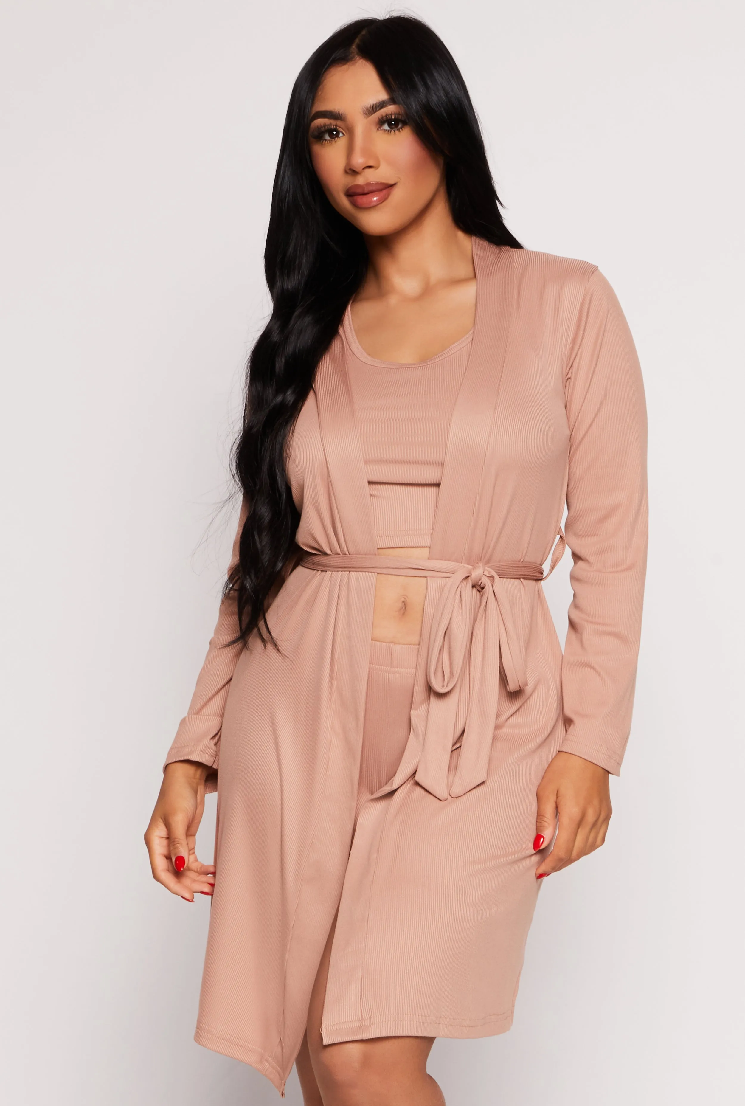 Ribbed Knit Cropped Pajama Tank Top and Shorts with Robe sold by Rainbow