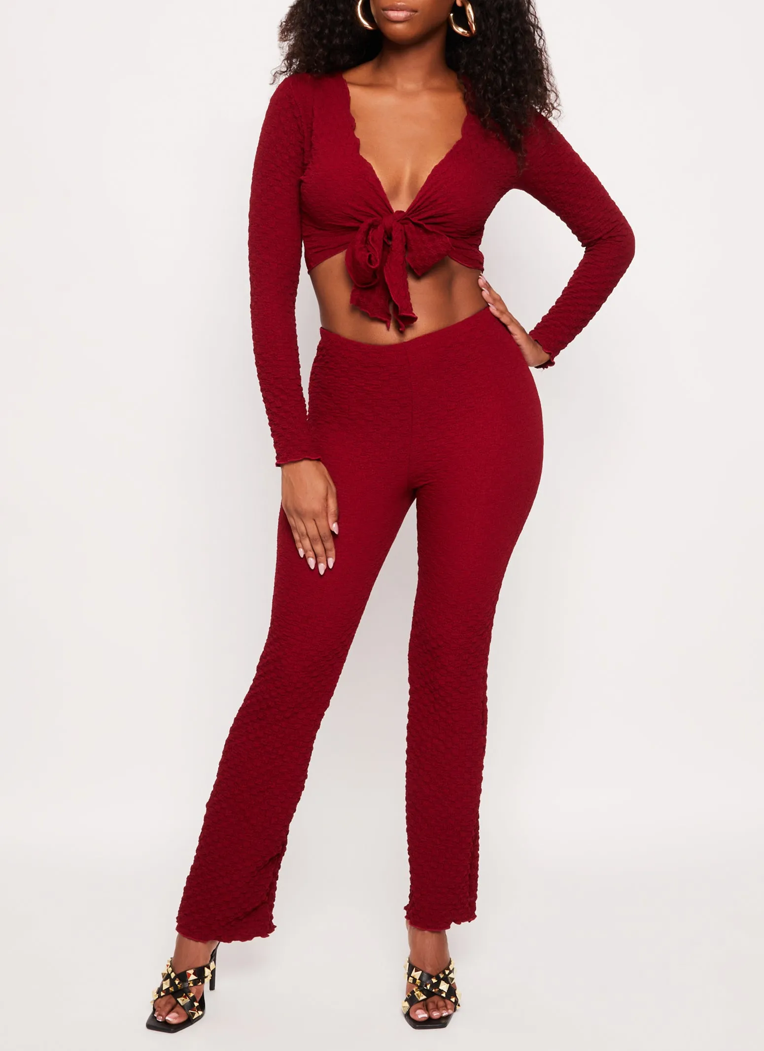 Textured Knit Long Sleeve Tie Front Crop Top sold by Rainbow product image thumbnail 2