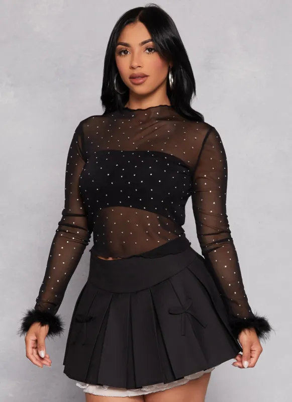 Feather Long Sleeve Rhinestone Mesh Crop Top sold by Rainbow