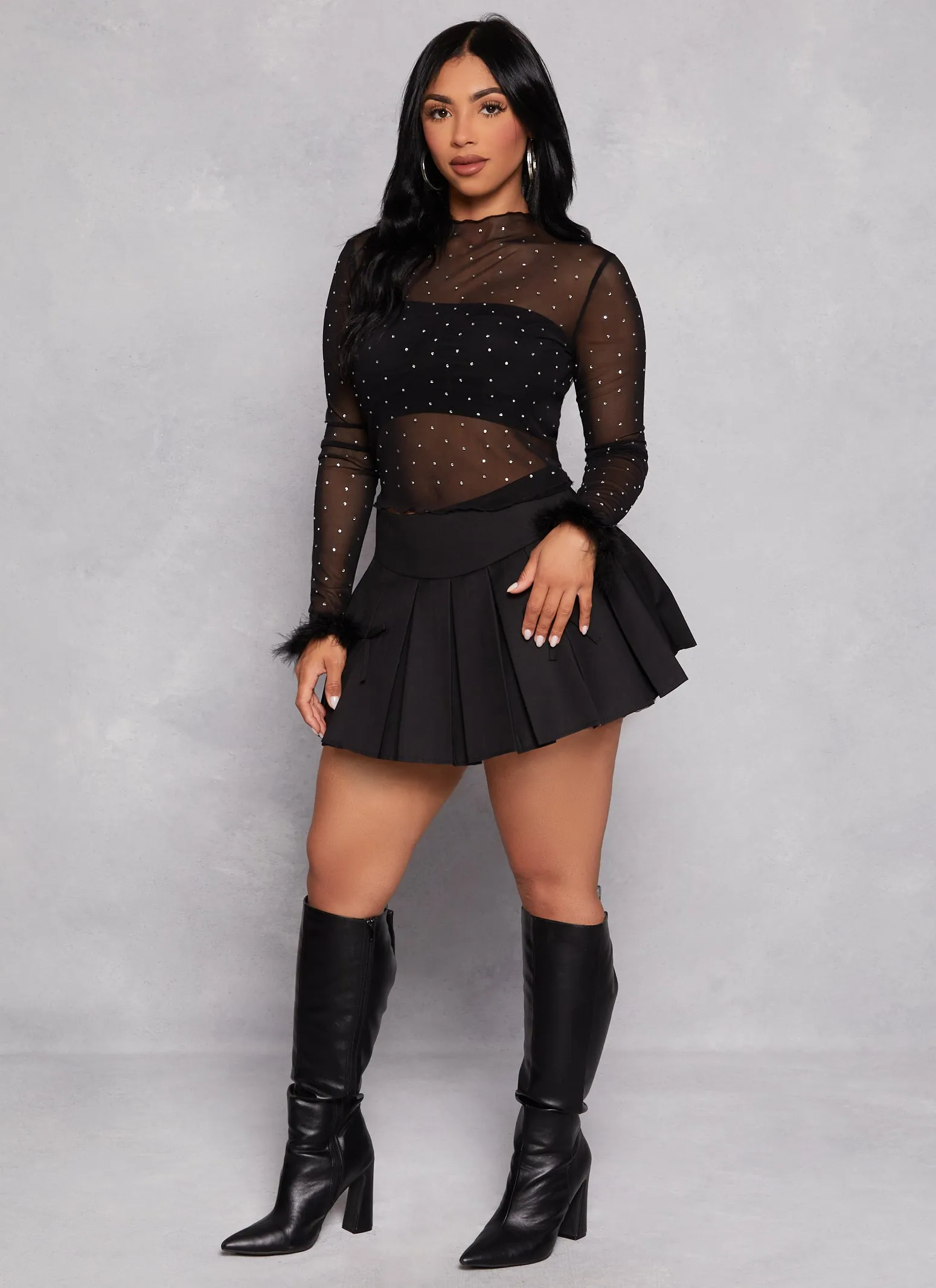 Feather Long Sleeve Rhinestone Mesh Crop Top sold by Rainbow product image thumbnail 2