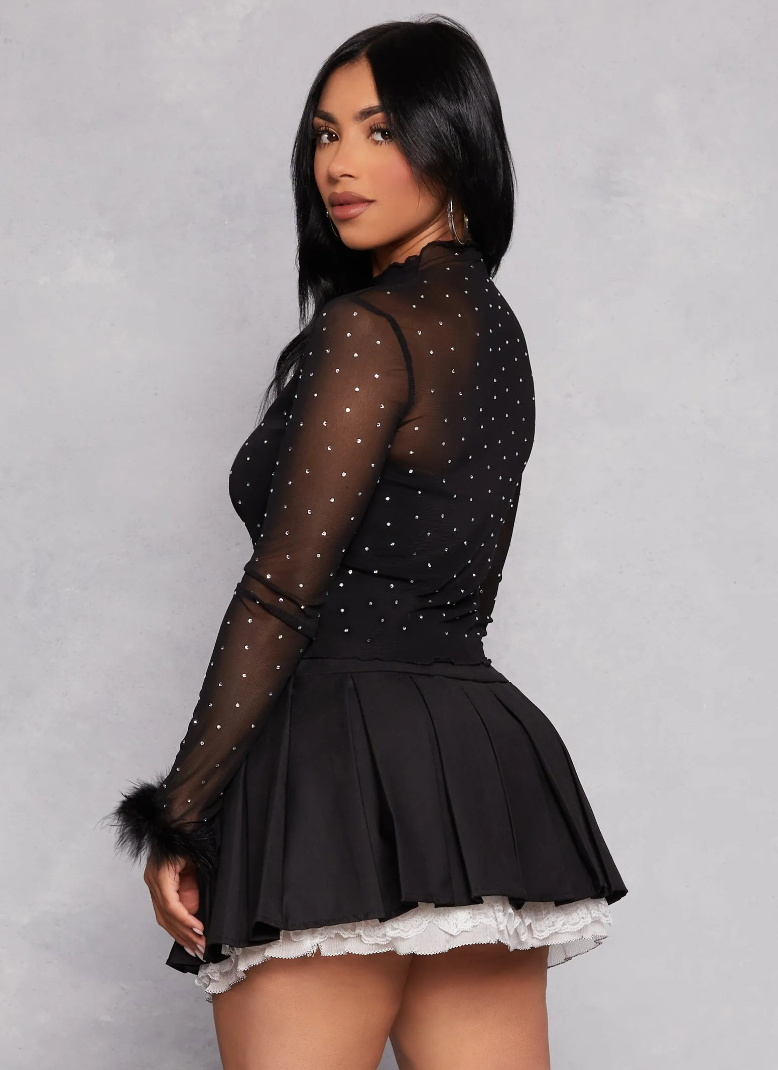 Feather Long Sleeve Rhinestone Mesh Crop Top sold by Rainbow product image thumbnail 3