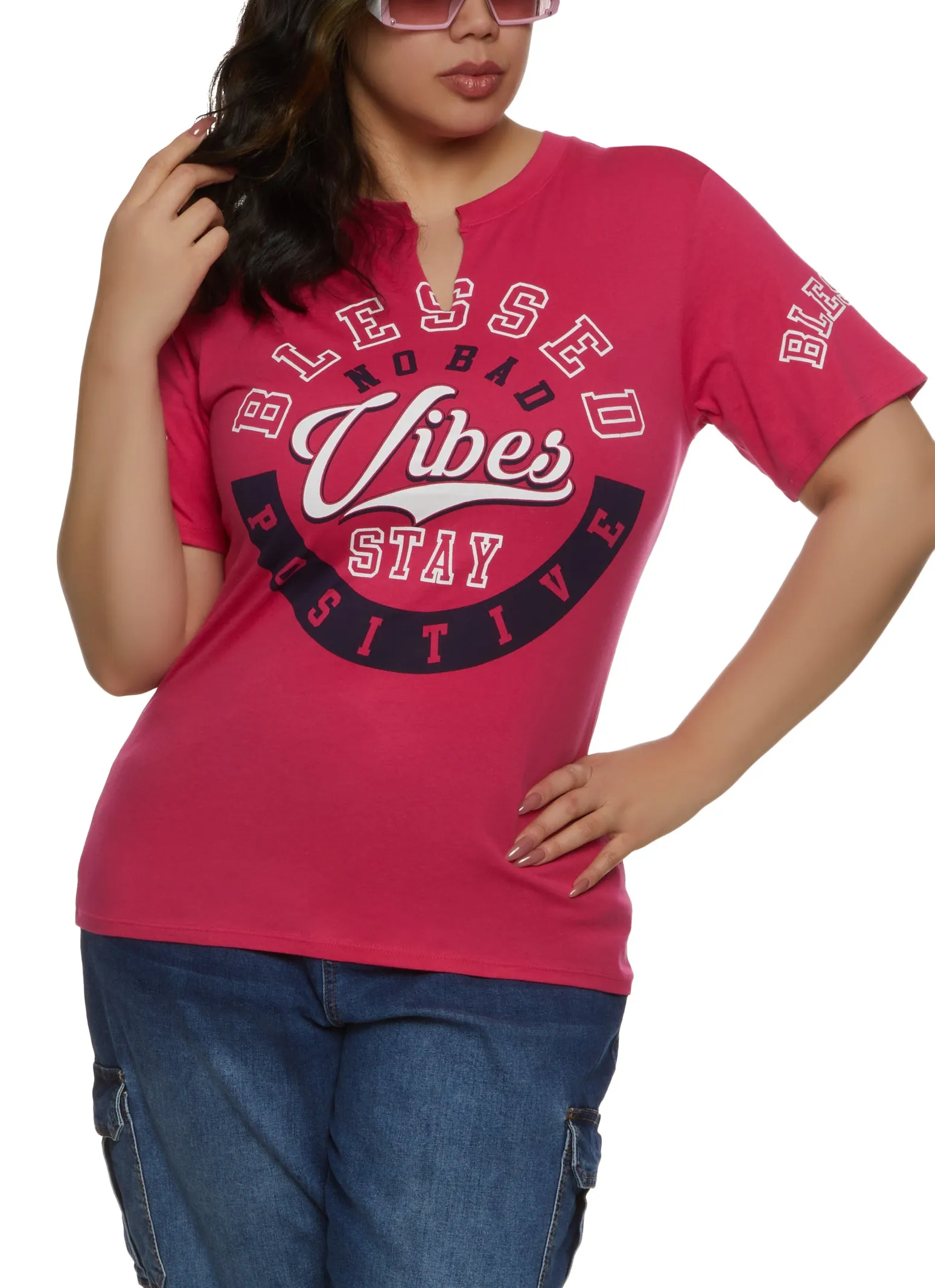 Plus Size Blessed No Bad Vibes Stay Positive Notch Neck Tee sold by Rainbow