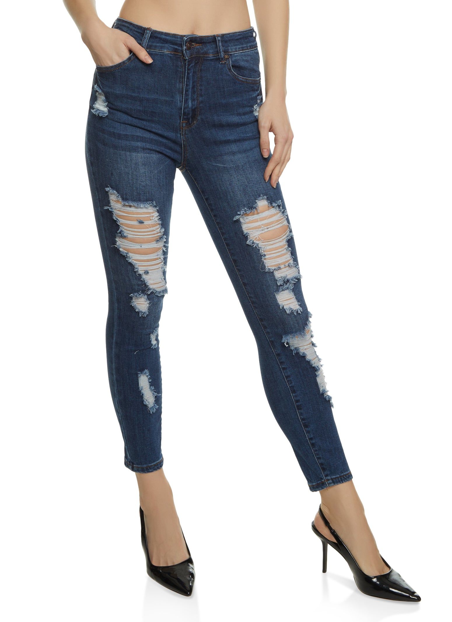 WAX High Rise Distressed Skinny Jeans sold by Rainbow