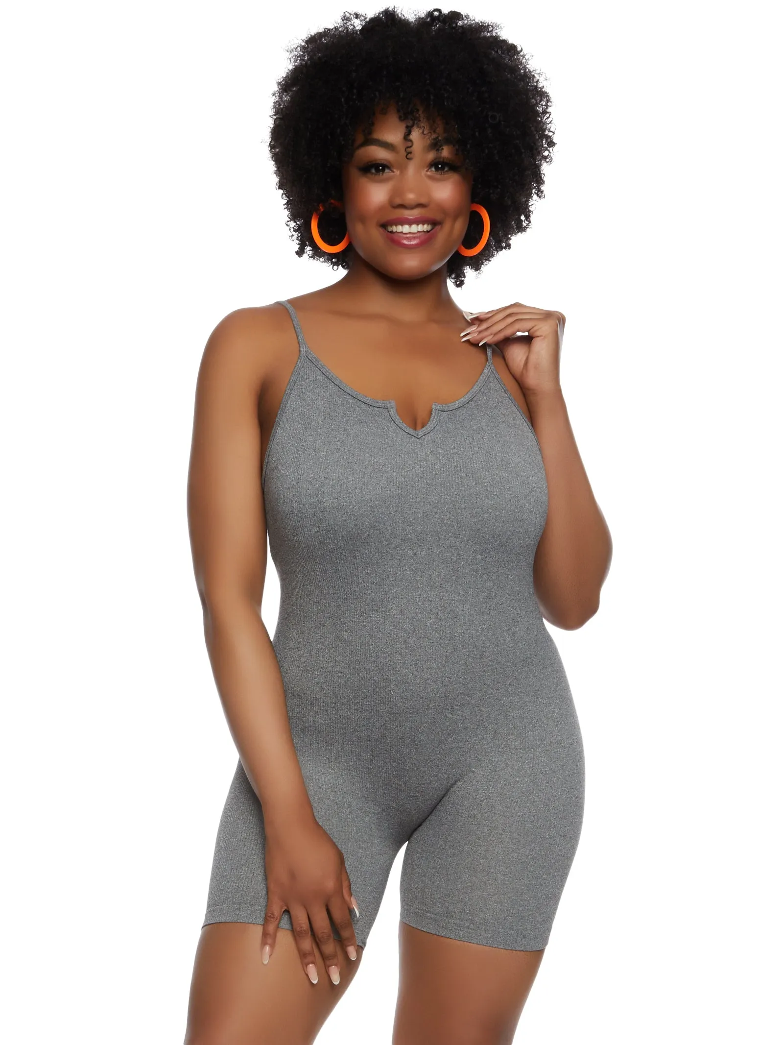 Plus Size Seamless Ribbed Notch Neck Cami Romper sold by Rainbow