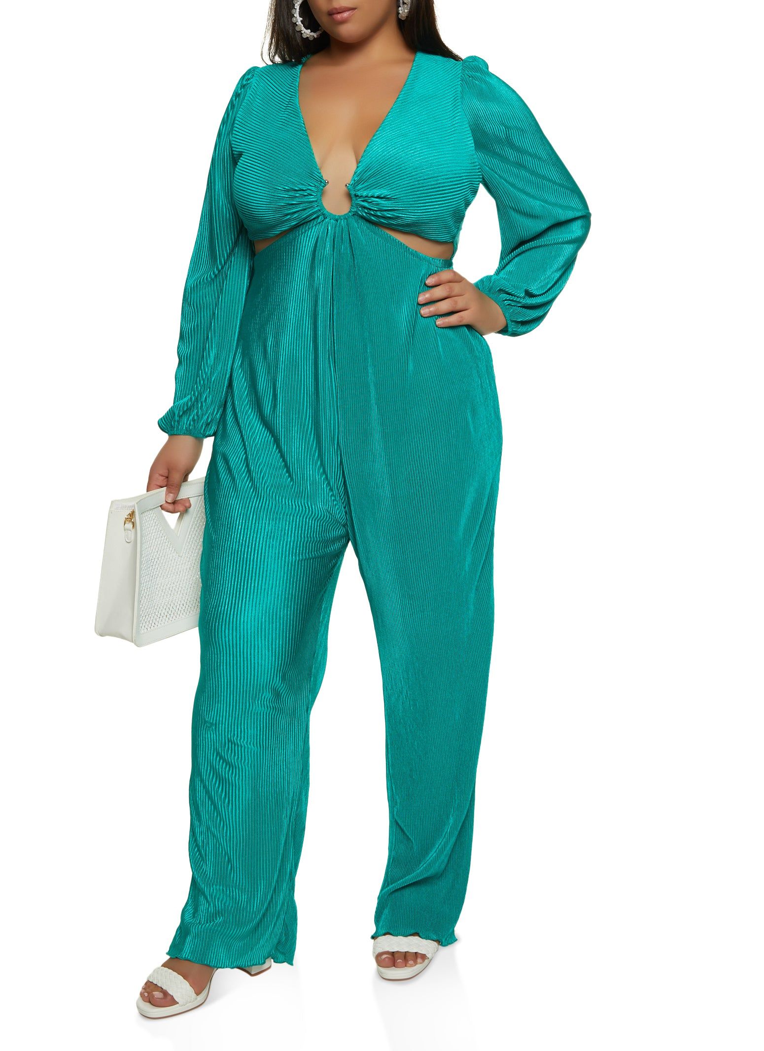 Plus Size Plisse Cut Out Plunge Jumpsuit sold by Rainbow