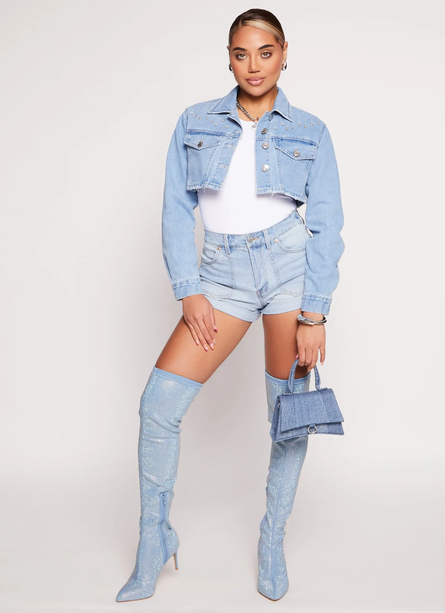 Almost Famous Rhinestone Detail Cropped Jean Jacket sold by Rainbow product image thumbnail 2