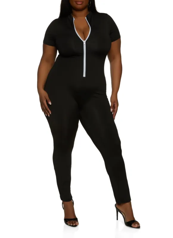 Plus Size Daisy Contrast Half Zip Jumpsuit sold by Rainbow
