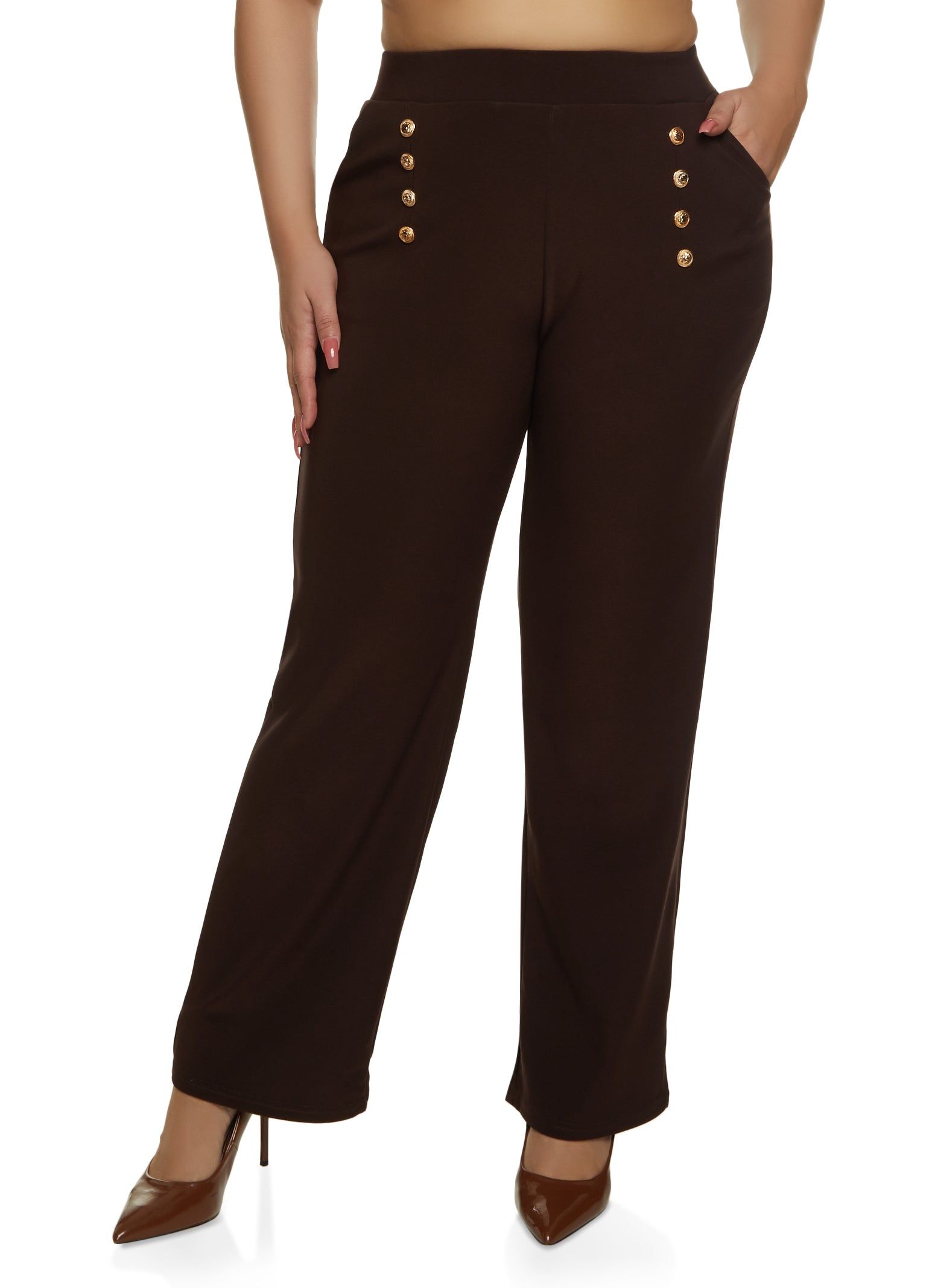 Plus Size Faux Button Detail Wide Leg Dress Pants sold by Rainbow