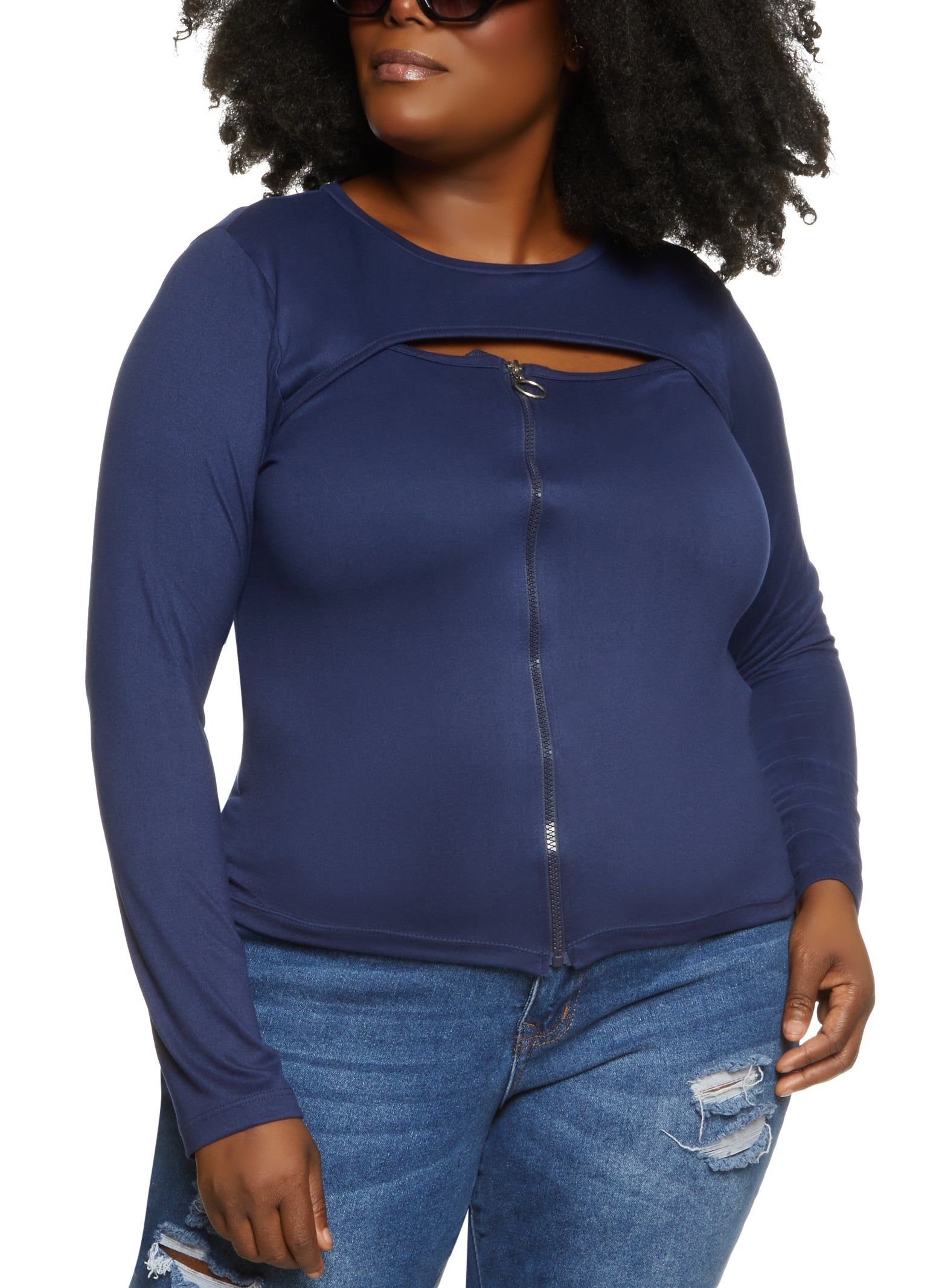 Plus Size Long Sleeve Keyhole Zip Front Top sold by Rainbow