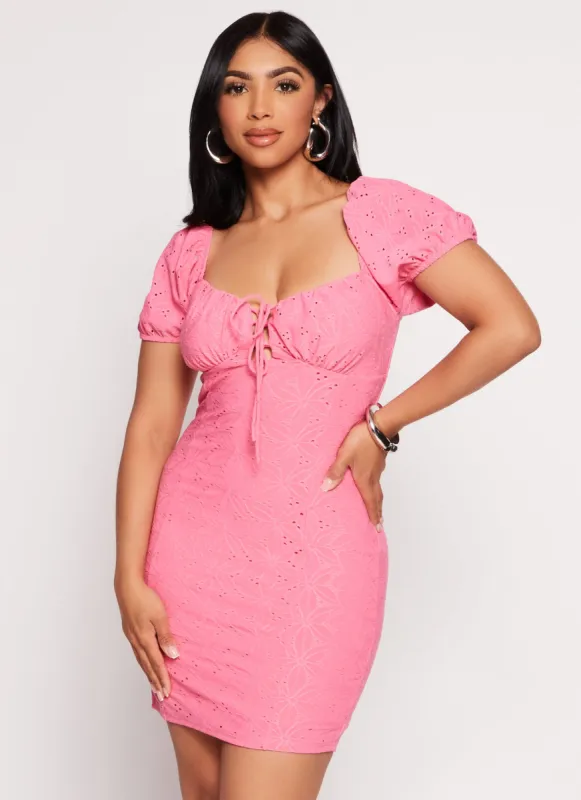 Eyelet Lace Up Detail Peasant Dress sold by Rainbow