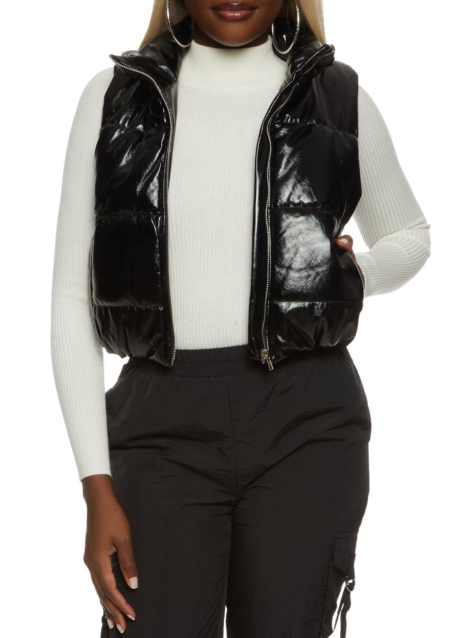 Quilted Faux Patent Leather Cropped Puffer Vest sold by Rainbow
