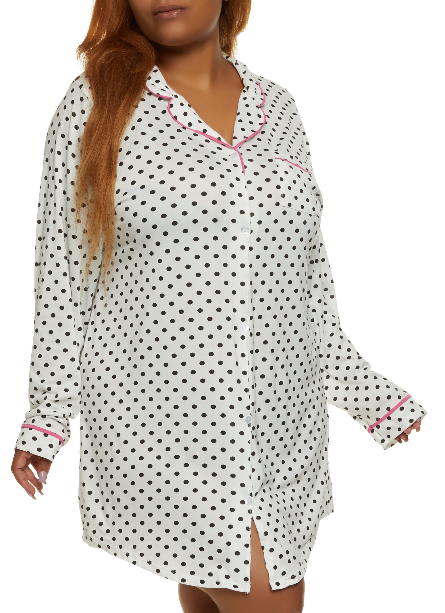 Plus Size Polka Dot Print Notch Collar Button Front Nightgown sold by Rainbow