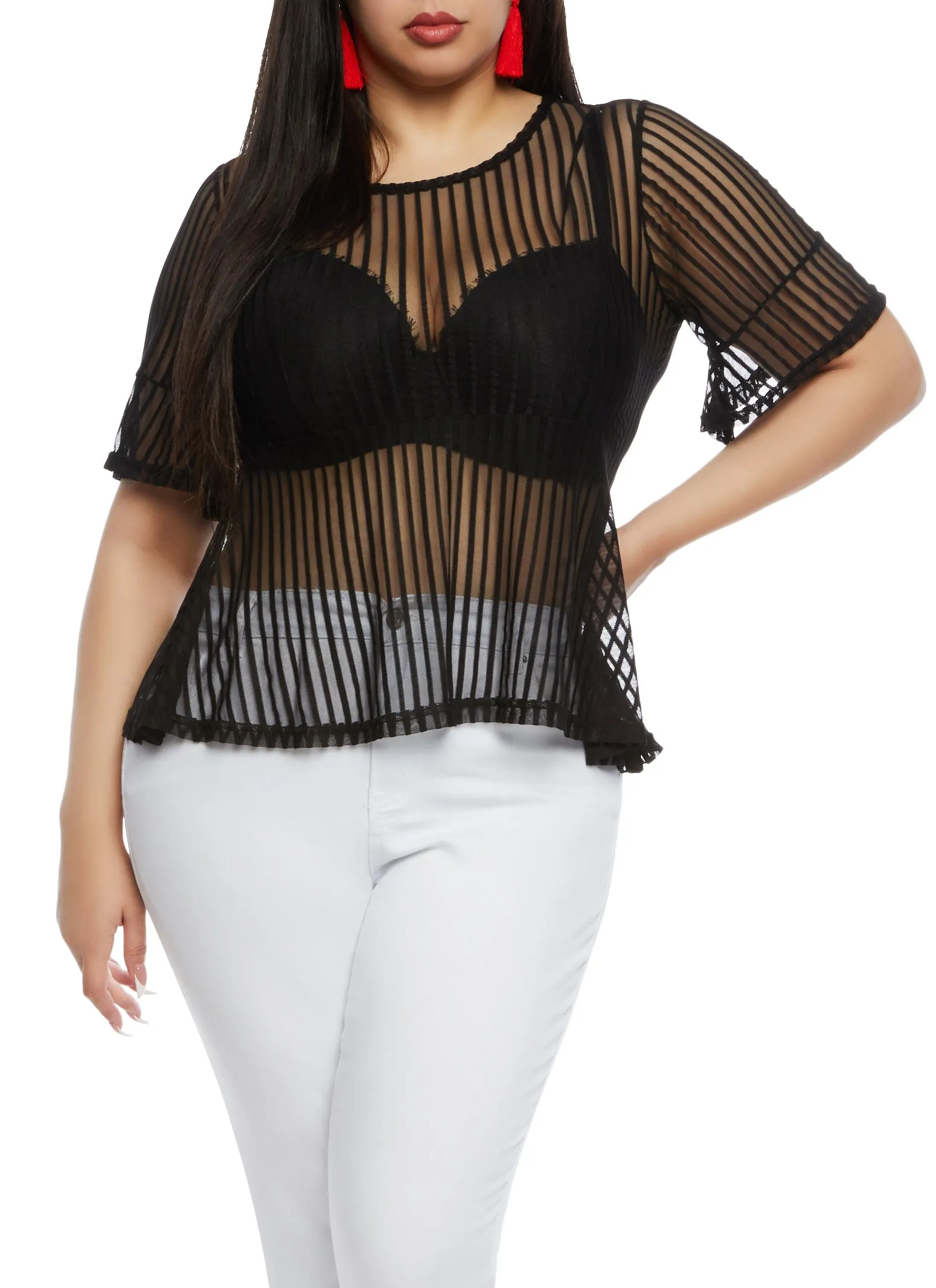 Plus Size Mesh Striped Peplum Top sold by Rainbow