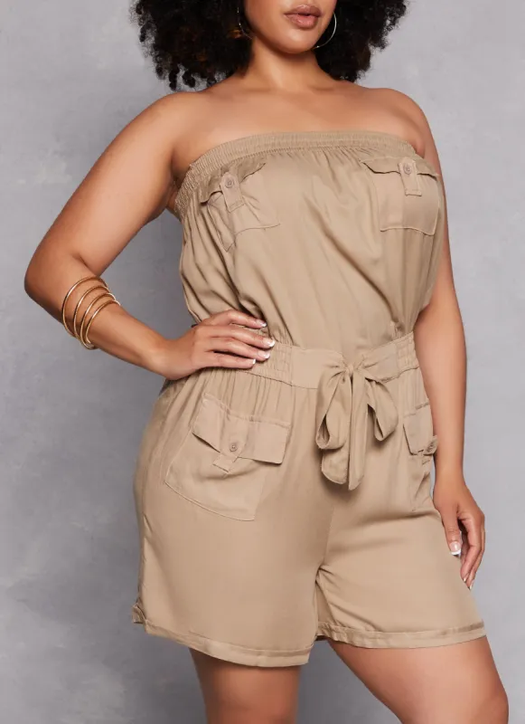 Plus Size Strapless Tie Waist Utility Romper sold by Rainbow
