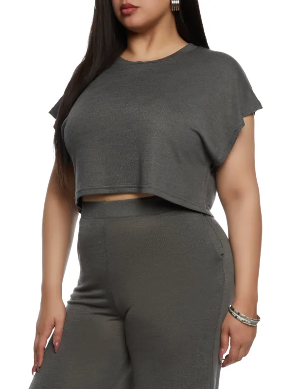 Plus Size Daisy Brushed Knit Crew Neck Crop Top sold by Rainbow
