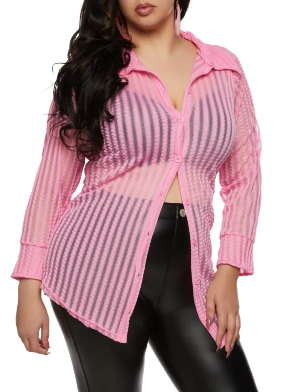 Plus Size Striped Mesh Detail Button Front Shirt sold by Rainbow