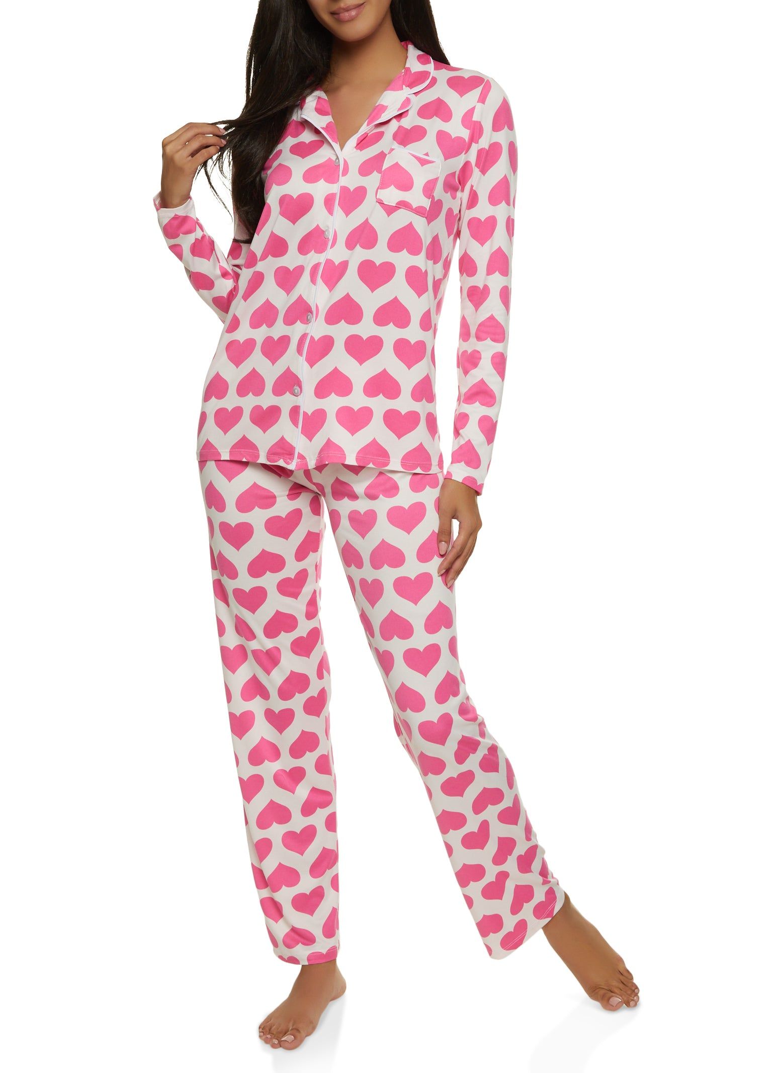 Heart Print Notch Collar Pajama Top and Pants sold by Rainbow
