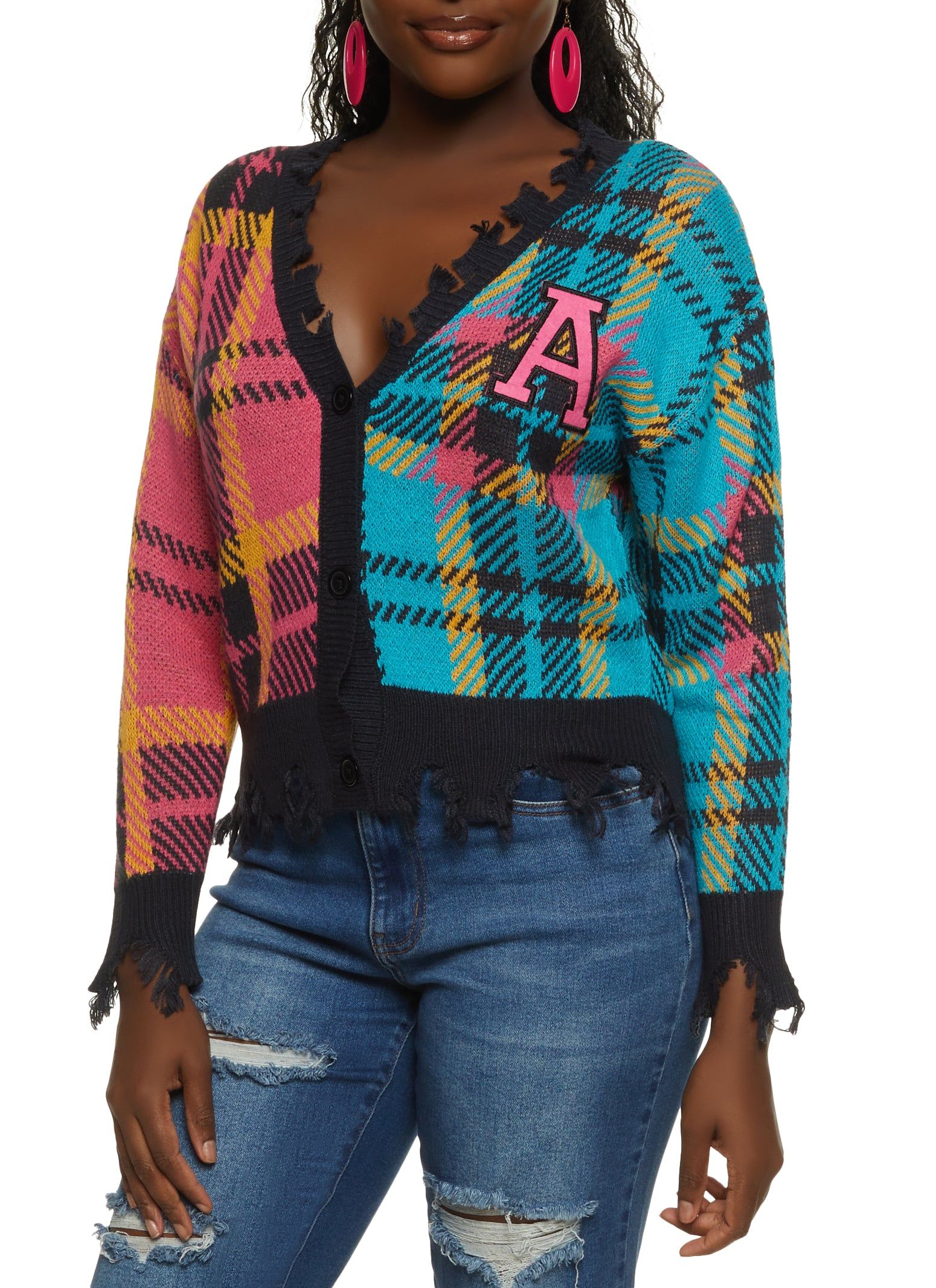 Color Block Plaid Patch Distressed Cardigan sold by Rainbow
