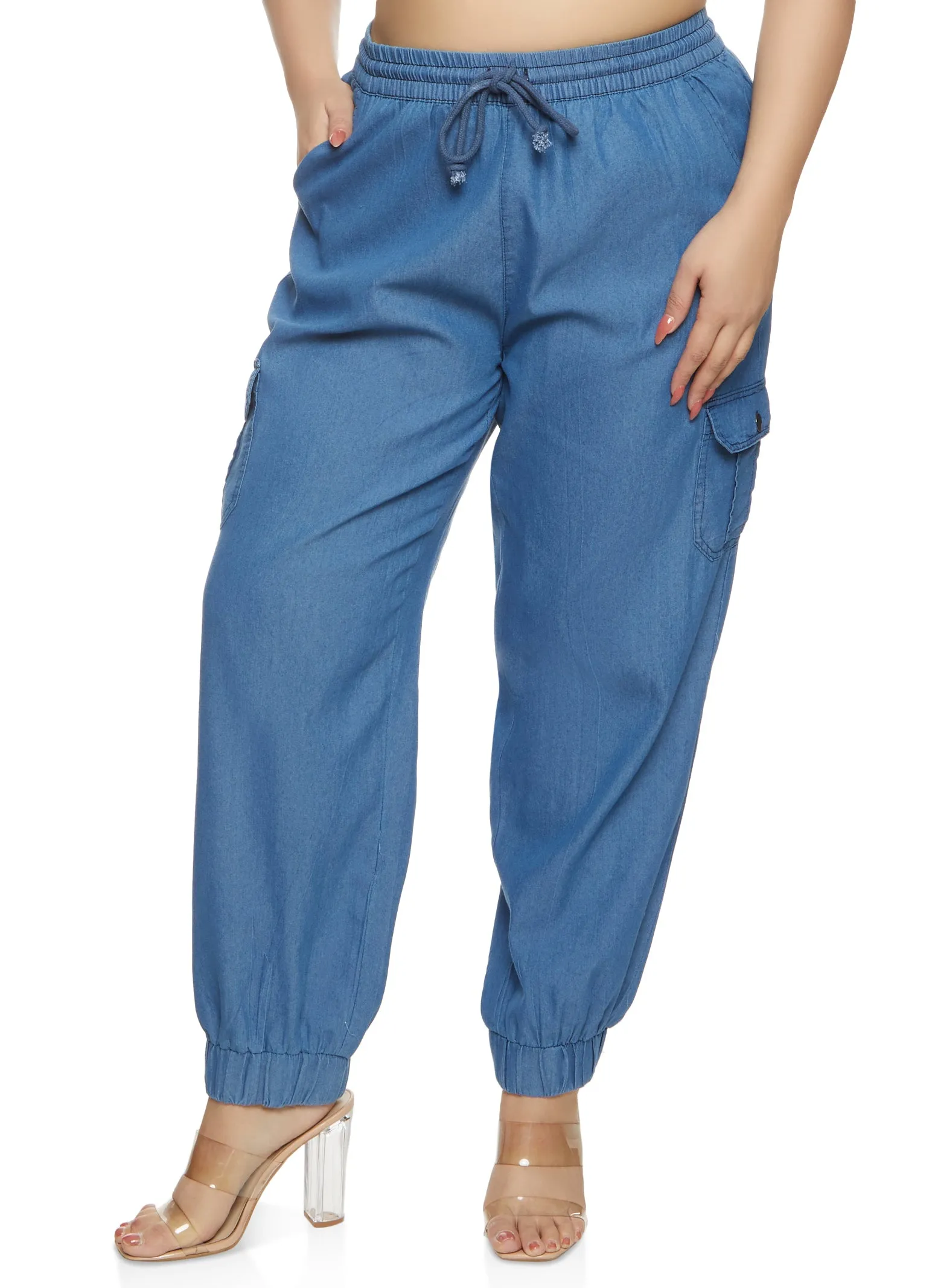 Plus Size Denim Drawstring Cargo Joggers sold by Rainbow