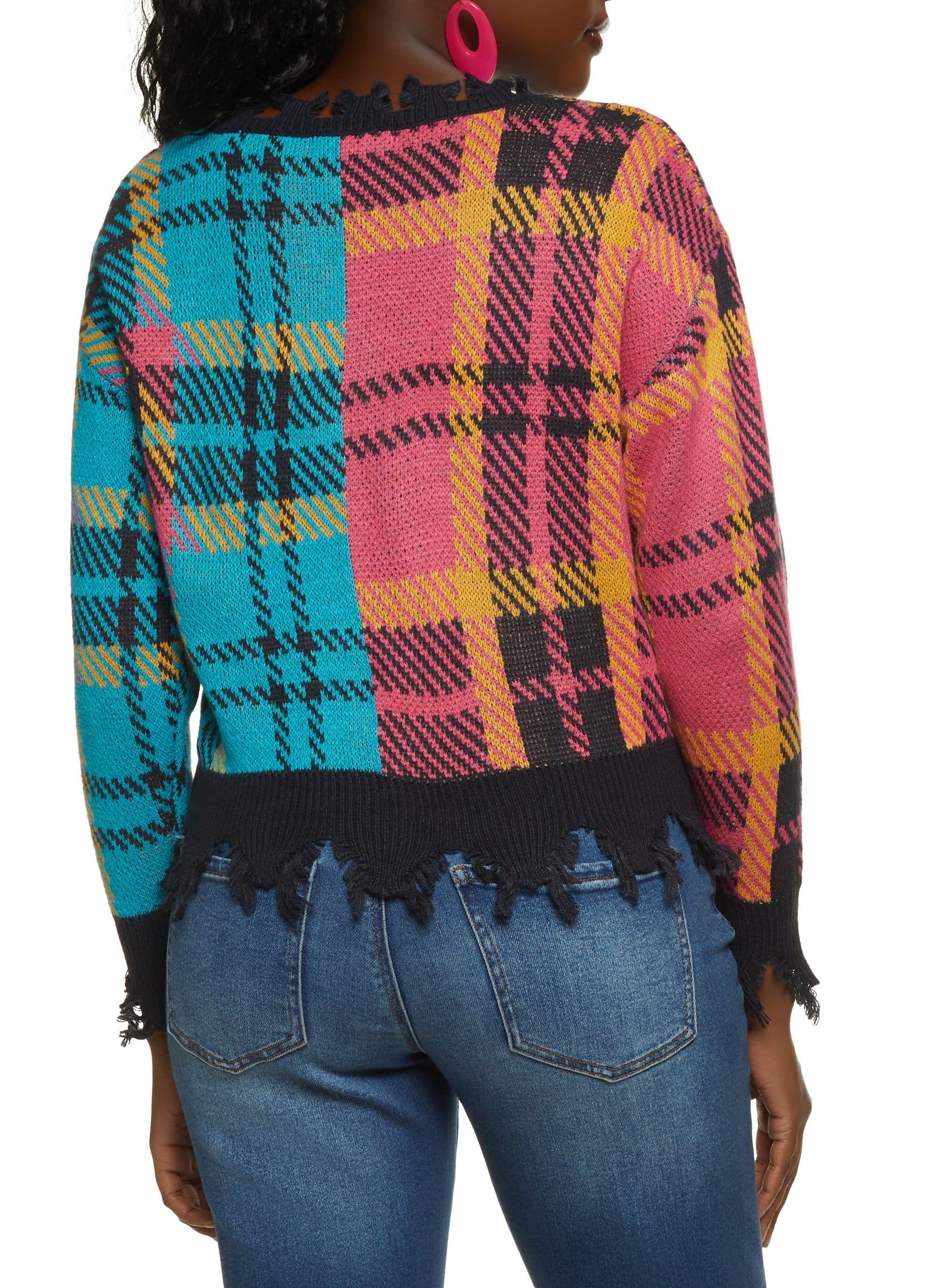 Color Block Plaid Patch Distressed Cardigan sold by Rainbow product image thumbnail 2